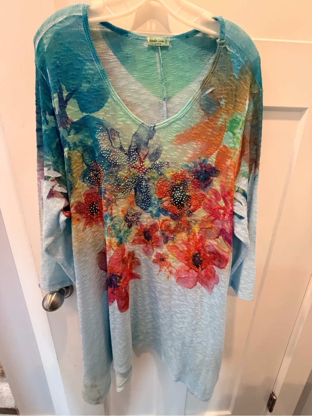 Studio Gem E XXL Aqua Floral Rhinestone Tunic Sweater Top Boho Lightweight Knit
